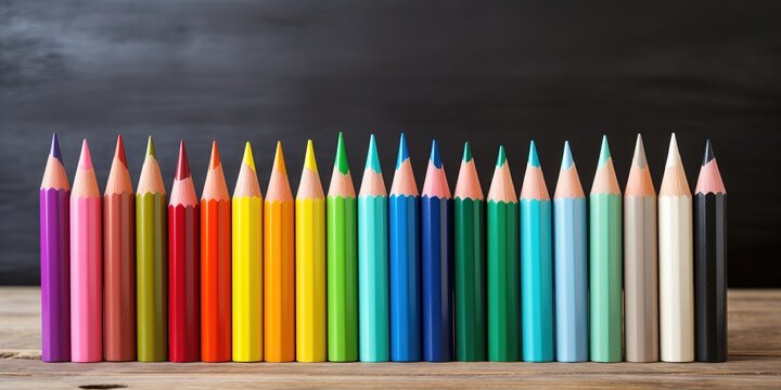 Many different colored pencils on a wooden table, the beginning of the school year.