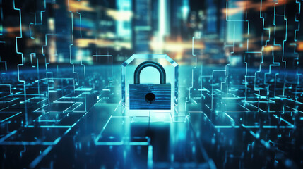 Closed digital lock key on digital background. Cybersecurity and information or network protection. Created with Generative AI technology.