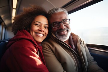 Run away from everyone to be alone with your loved one. A middle-aged couple rides a train, smiling thoughtfully, enjoy each other.