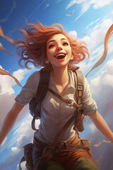 Happy woman jumping up from the sky with clouds as background 