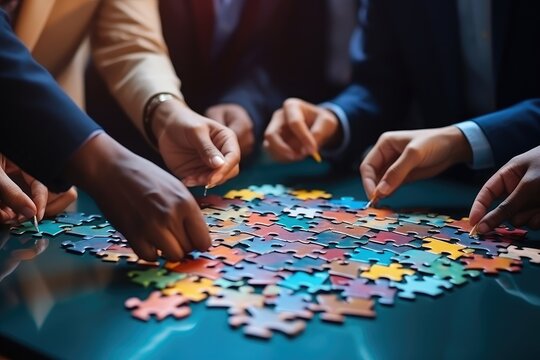 Company employees playing game and joining pieces of jigsaw puzzle during team building activity