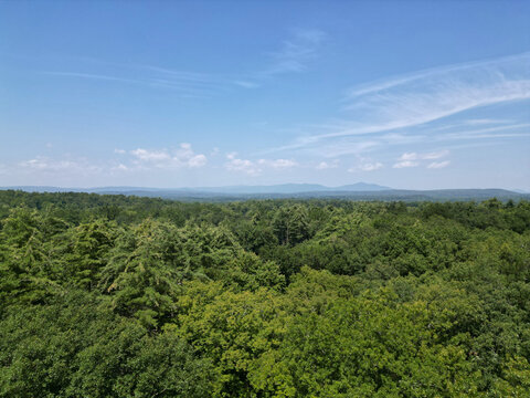 view of catskill mountains in daytime (catskills, new york state, drone image of hills and trees) landscape, nature, blue sunrise