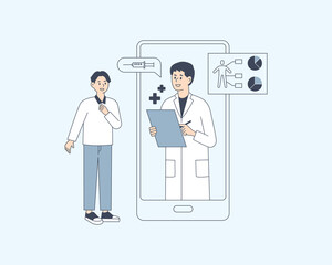 Smartphone health care. Customers are seeing doctors on mobile. flat design style minimal vector illustration.