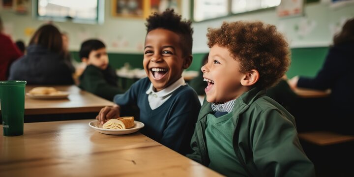 Boy laughing while sitting with friend during lunch break at school