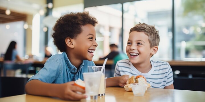 Boy laughing while sitting with friend during lunch break at school
