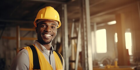 Portrait of a happy and cheerful African American young builder man wearing a yellow hard hat. - obrazy, fototapety, plakaty