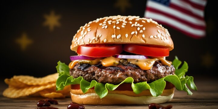 Tasty burger with American flag on wooden table