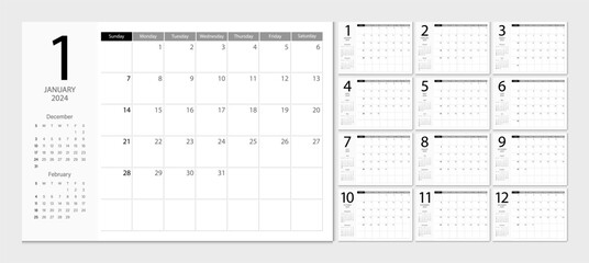 Calendar 2024 week start Sunday corporate design template vector. Calendar planner 2024. 