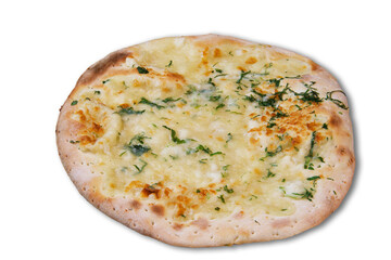 Plain tasty cheese and baked tasty manakish dough isolated on transparent or white background, arabic cuisine and food