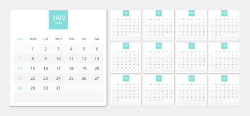 Calendar 2024 week start Sunday corporate design template vector. Desk calendar 2024.  - 632658111