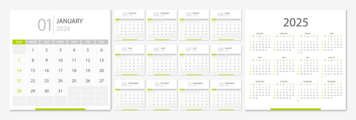 Calendar 2024, calendar 2025 week start Sunday corporate design template vector. Desk calendar 2024.