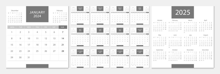 Calendar 2024, calendar 2025 week start Monday corporate design template vector. Desk calendar 2024. 