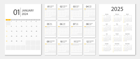 Calendar 2024, calendar 2025 week start Sunday corporate design template vector. Desk calendar 2024.