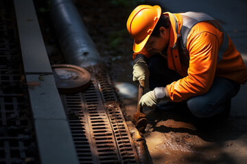 A plumber wearing orange clothes and hard hat repairing a drain in a sewer trench. - obrazy, fototapety, plakaty