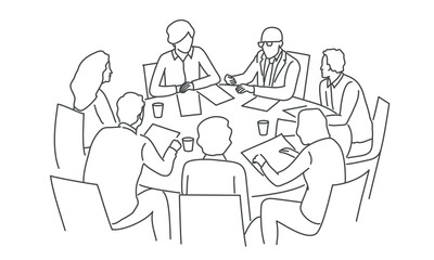 Team of employees sitting at round table