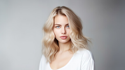 Beautiful blonde white woman gorgeous looking at camera on white background advertising skincare spa treatment. Mid age tightening face skin care rejuvenation cosmetics concept. Generative AI