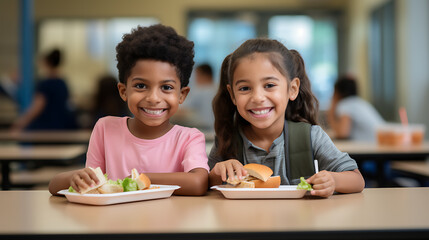 Young children sitting in the school cafeteria. Created with Generative AI technology.