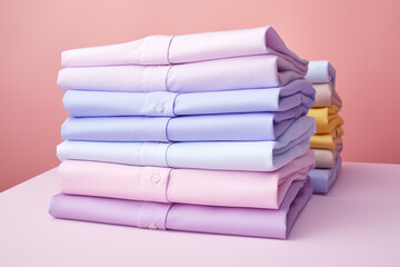 Fototapeta premium Pastel colored folded shirts on pink background