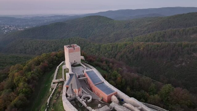 Aerial drone shot of Oltar Domovine ston fortress castle on top of Zagreb uptown hill