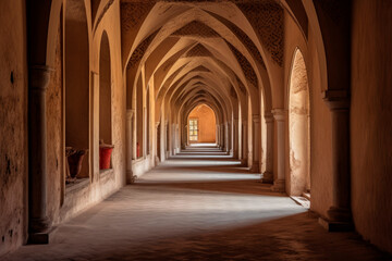 Fototapeta na wymiar Empty long corridor of a medieval castle
