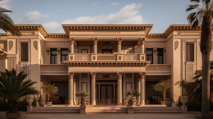 Fototapeta premium beige house with a unique facade and palm trees in front