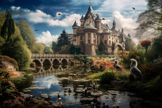 medieval fantasy castle surrounded by a garden