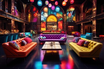 Obraz premium Interior of a night club with a lot of colorful furniture. A decorated night club with stylish couches and colorful cocktail tables, AI Generated