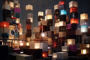 Colorful paper lanterns on the roof of a building at night, AI Generated