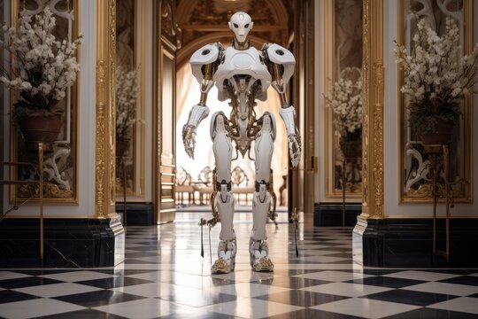 Interior of the Hermitage Museum in Prague, Czech Republic, A dreamlike image of a humanoid robot its robotic, AI Generated