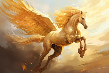 Obraz na płótnie Canvas Horse flying in the sky with golden wings. Digital painting. A flying horse with a golden mane. Fantasy concept , Illustration painting, AI Generated
