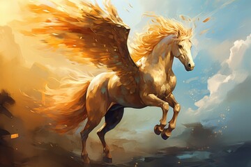 Obraz na płótnie Canvas Illustration of a horse with a mane in the sky. A flying horse with a golden mane. Fantasy concept , Illustration painting, AI Generated