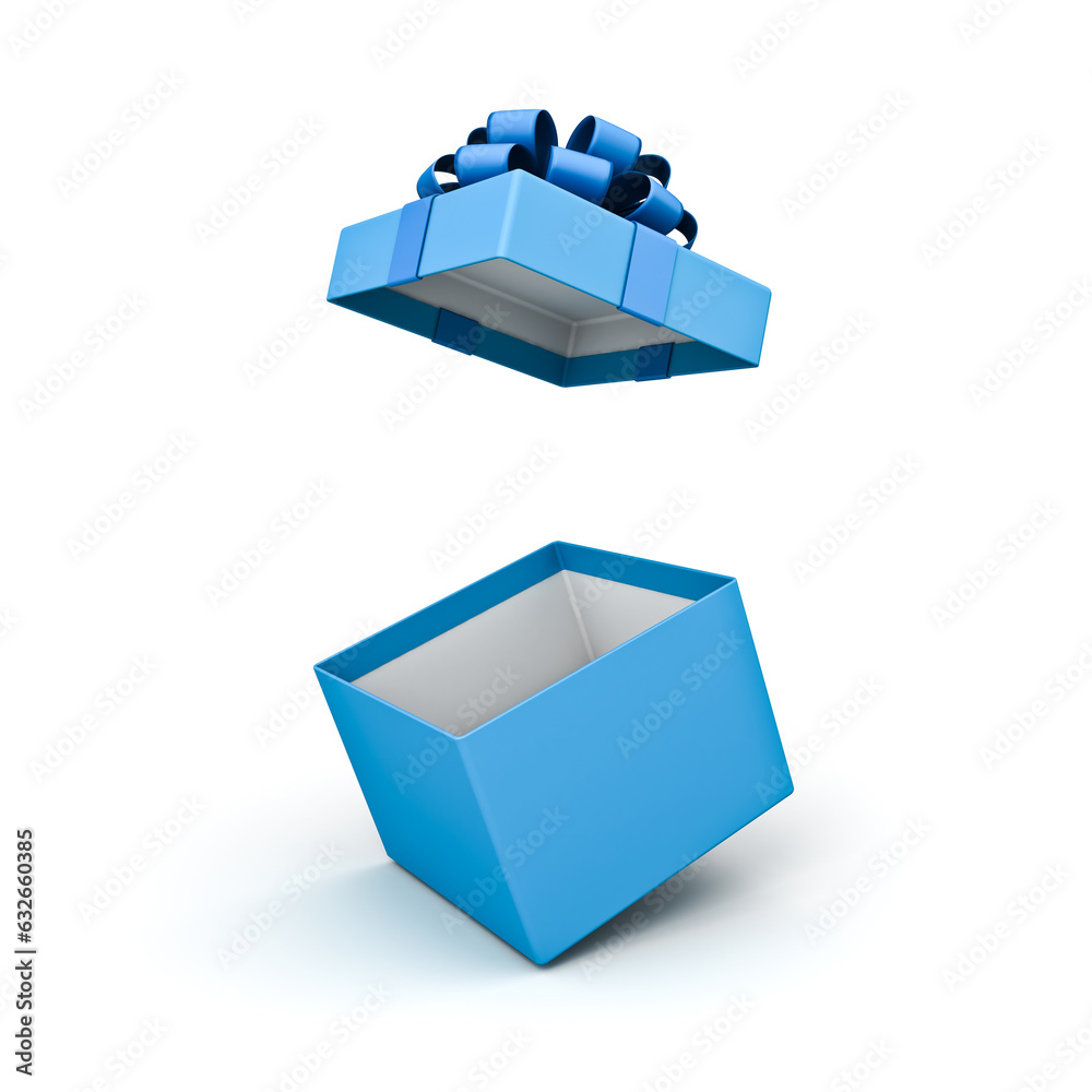 Aufkleber blue gift box or open present box with blue ribbon and bow isolated on white background with shadow 