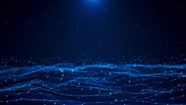 Digital blue landscape particle wave Communication or social media network connections. Cyberspace matrix hologram digital data flow. science fiction binary code particles. Science Technology concept