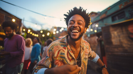 Young man dancing at outdoor party surrounded by friends.