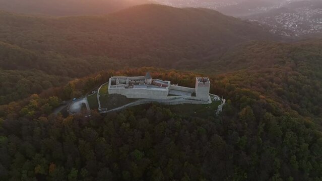 Aerial drone shot of Oltar Domovine ston fortress castle on top of Zagreb uptown hill