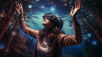 Capture the young woman's wonderment as she explores virtual reality through her phone, immersing herself in a captivating digital world." 