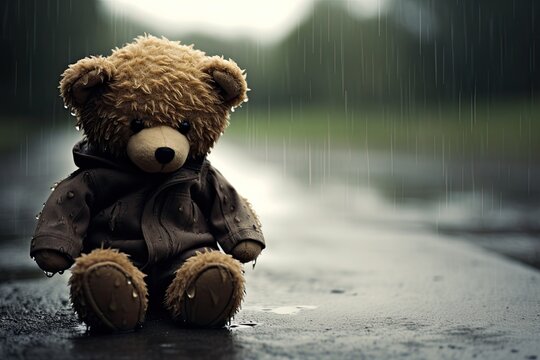 A teddy bear sitting alone while rainning. Generative AI