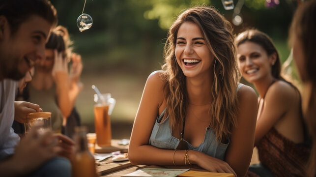 Capture the young woman's laughter as she engages with friends on her phone, surrounded by an outdoor picnic setting, epitomizing modern social interactions." - Powered by Adobe