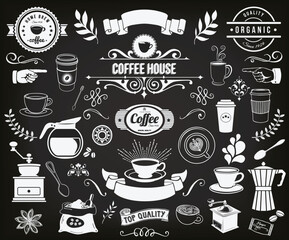Chalkboard coffee clip art, including labels, banners, badges and a large set of hand drawn coffee icons and symbols 