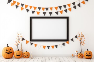 Halloween Room decoration with Bats and pumpkins, blank frame on white wall background, generative ai