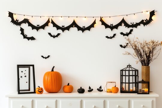 Halloween Room decoration with Bats and pumpkins, blank space on white wall background, generative ai