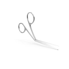 Close-up shot of curved stainless steel medical scissor on an isolated white background, Surgical Scissors Medical Tool, 3D render