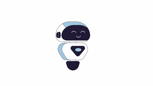 Small cute android chuckling line 2D character animation. Funny robot with laughing emoticon on display face flat color cartoon 4K video, alpha channel. Good mood animated droid on white background
