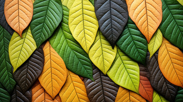 Colorful background of close up shot autumn leaves. Bright texture minimal green yellow orange backdrop