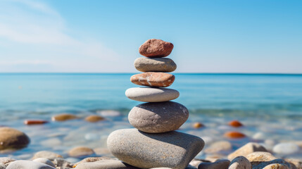 Concept of harmony and balance. Balance stones against the sea. Created with Generative AI technology.