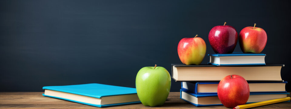 Back to school concept. Apple and book on school blackboard background.Created with Generative AI technology.