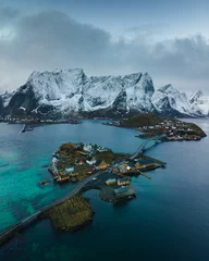 Papier Peint photo Reinefjorden Sakrisoy: Picturesque hamlet in Norway Lofoten Islands, offering serene landscapes and a tranquil escape amid breathtaking nature. High quality photo