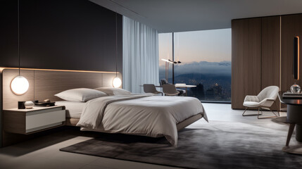 a large white bed with a gray carpet underneath and two lamps next to it with a view