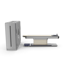 CT Scanner Tomography, 3d rendering C-Arm scan machine with surgery robot, Radiotherapy Medical Equipment