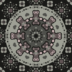 Seamless Pattern. Cute cuddly bear. Dark gray and Almond Green color. Vector.